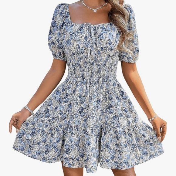 Women's Boho Square Neck Puff Short Sleeve Self Tie Front A Line Dress - Picture 1 of 1